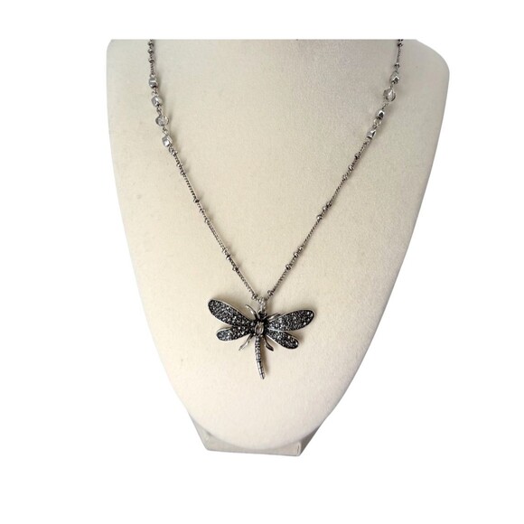 J. Jill Dragonfly Necklace Pendant Long Silver Tone Rhinestone Beads Adjustable - Picture 2 of 11